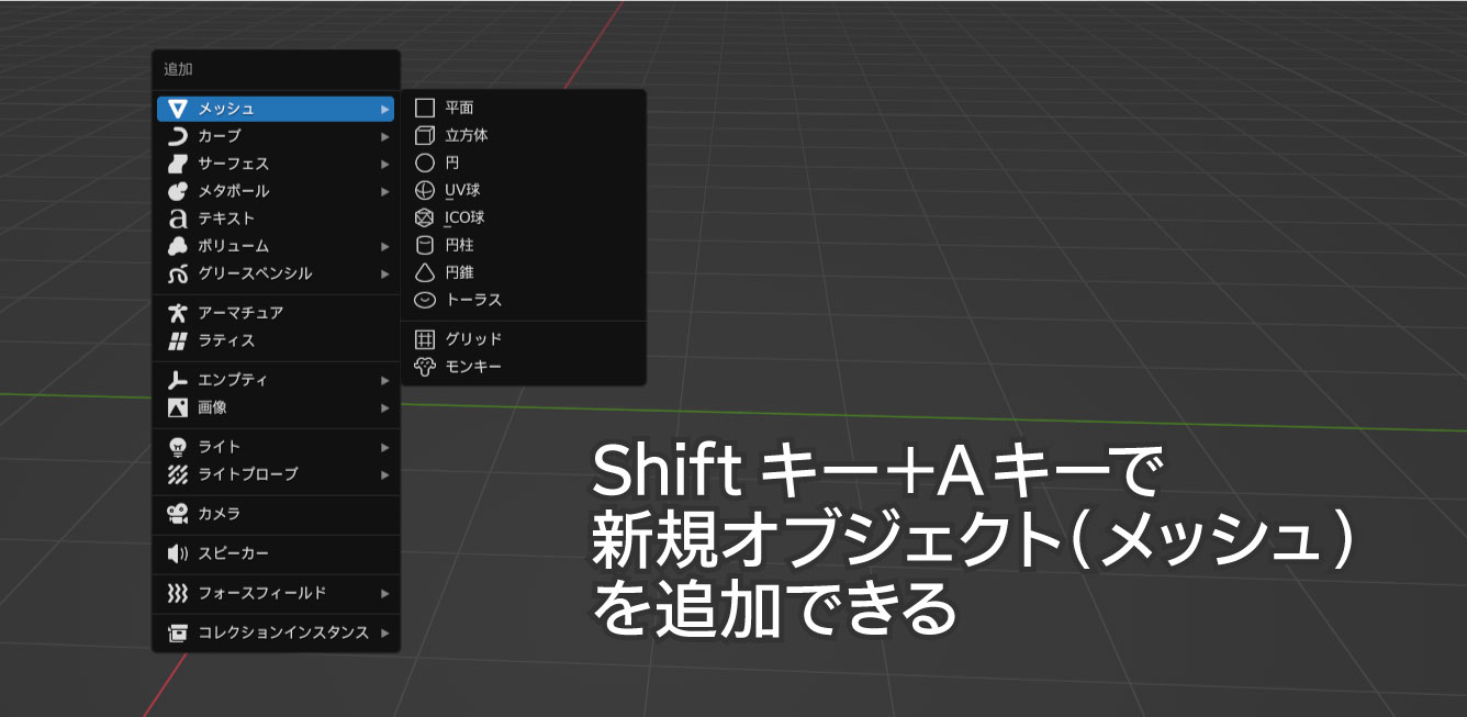 ShiftとAで新規オブジェクトを追加